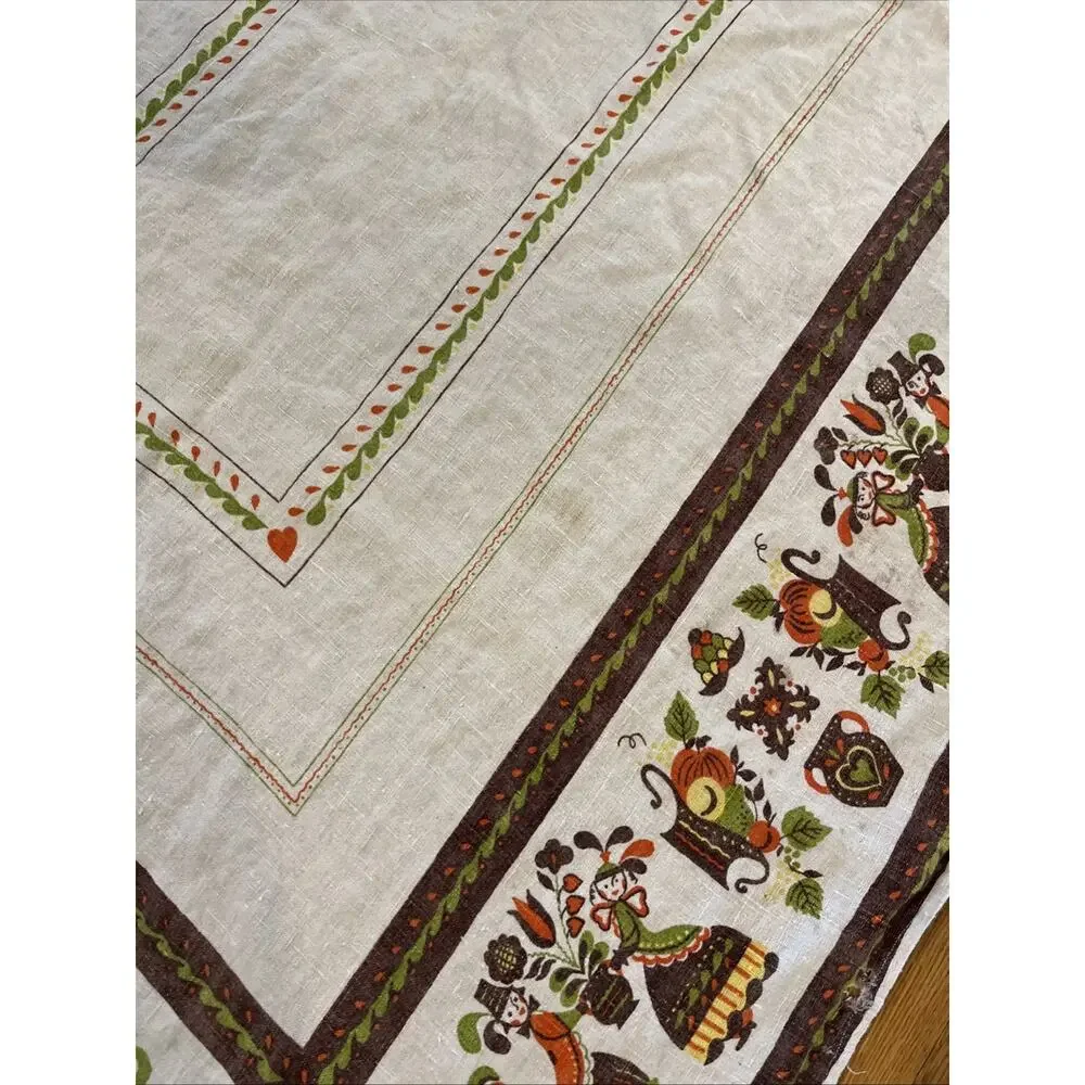 Vintage Pennsylvania Dutch Folk Art Linen Tablecloth 43x75 Amish Couple *READ